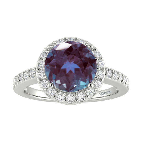 V3 Jewelry Sterling Silver with Color Changing Alexandrite and White Topaz Halo Ring