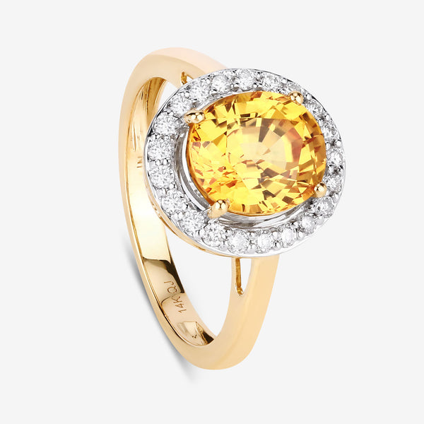 3.59 Carat Genuine Yellow Sapphire and White Diamond 14K Yellow Gold Ring