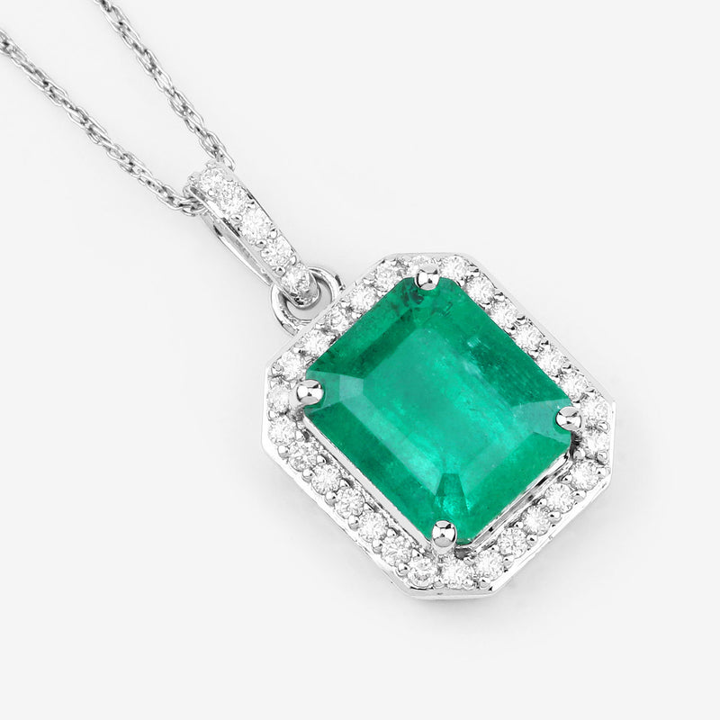 IGI Certified 3.38 Carat Genuine Zambian Emerald and White Diamond 14K White Gold Pendant