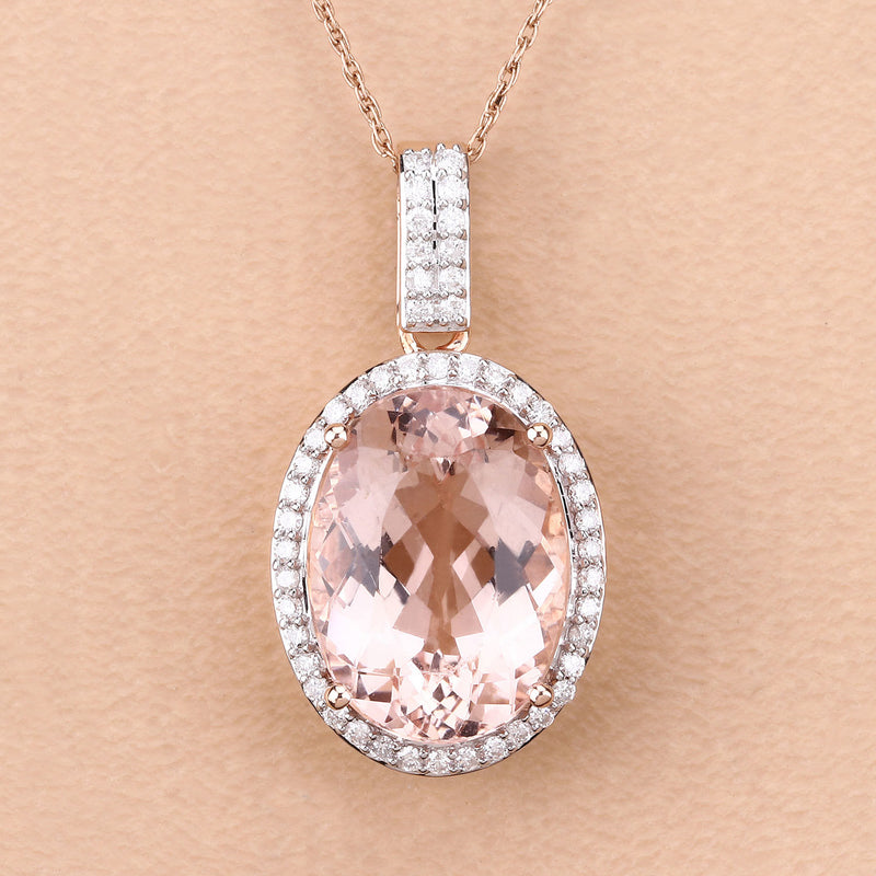 7.84 Carat Genuine Morganite and White Diamond 14K Rose Gold Pendant