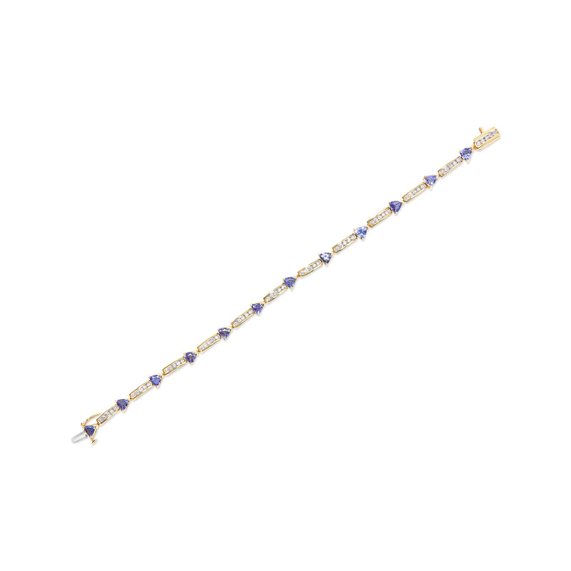 14K Yellow 5MM Trillion Cut Blue Tanzanite and 1 1/10 Cttw Diamond Tennis 7" Inches Bracelet (H-I Color, I1-I2 Clarity)