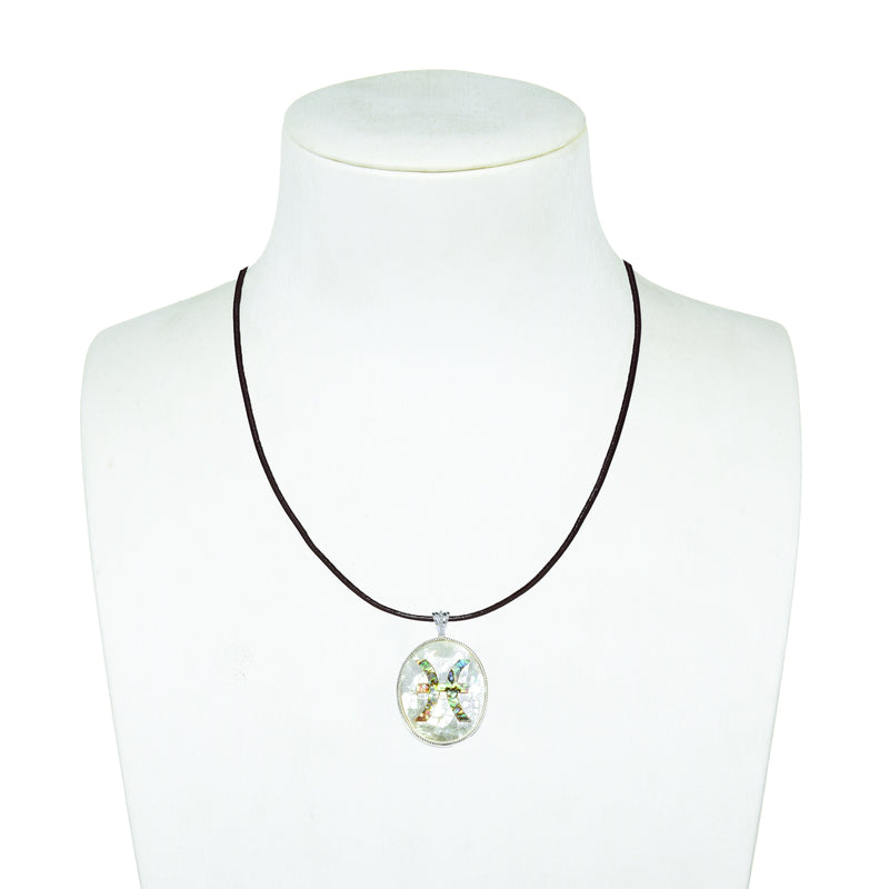 Pisces Zodiac Pendant Necklace with River Shell, Abalone, and Sterling Silver