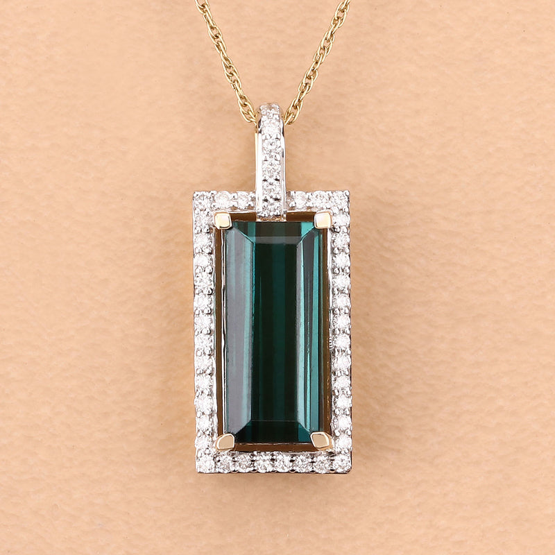 4.28 Carat Genuine Green Tourmaline and White Diamond 14K Yellow Gold Pendant