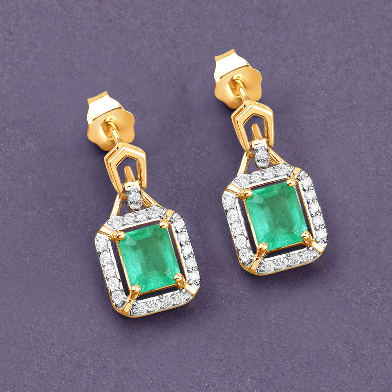 1.83 Carat Genuine Emerald and White Diamond 14K Yellow Gold Earrings