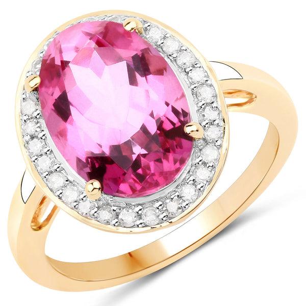 5.70 Carat Genuine Pink Topaz and White Diamond 14K Yellow Gold Ring