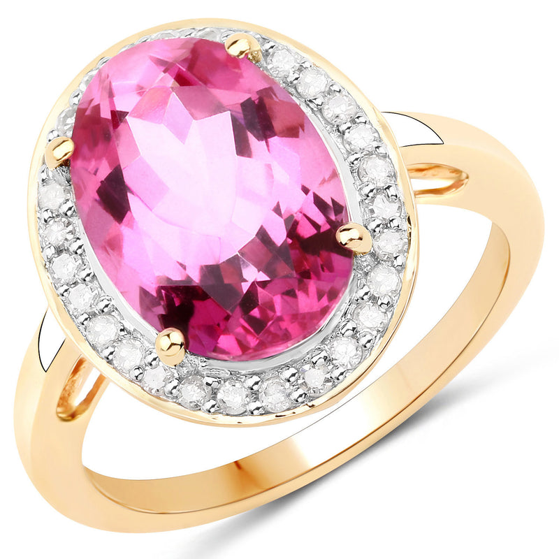 5.70 Carat Genuine Pink Topaz and White Diamond 14K Yellow Gold Ring