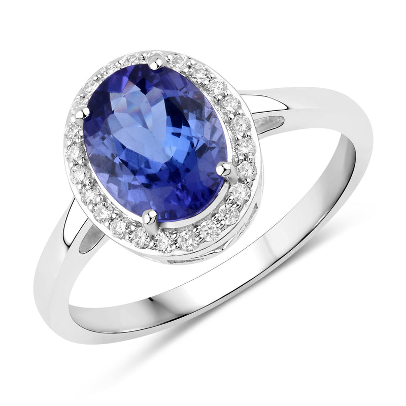 2.04 Carat Genuine Tanzanite and White Diamond 14K White Gold Ring