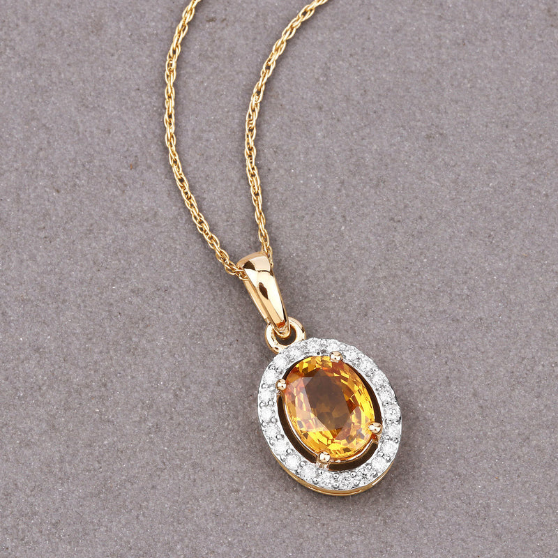 1.78 Carat Genuine Yellow Sapphire and White Diamond 14K Yellow Gold Pendant