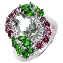 3.64 Carat Genuine Green Amethyst, Chrome Diopside and Rhodolite .925 Sterling Silver Ring