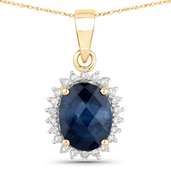 2.12 Carat Genuine Blue Sapphire and White Diamond 14K Yellow Gold Pendant