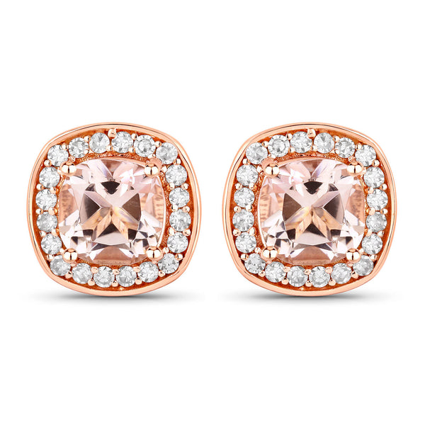 1.68 Carat Genuine Morganite and White Diamond 14K Rose Gold Earrings