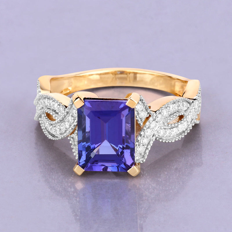 3.01 Carat Genuine Tanzanite and White Diamond 14K Yellow Gold Ring