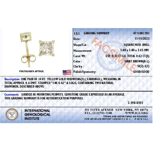 IGI Certified 14K Yellow Gold 5/8 Cttw Princess Diamond 4-Prong Classic Stud Earrings (K-L Color, SI2-I1 Clarity)