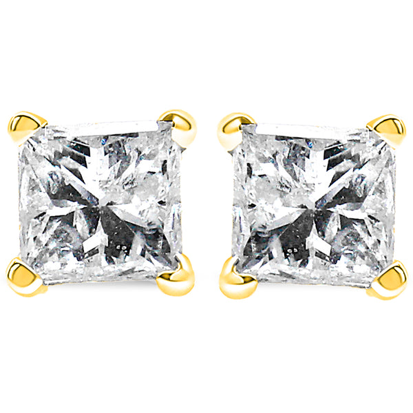 AGS Certified 0.40 Cttw Princess-Cut Square Diamond 4-Prong Solitaire Stud Earrings in 14K Yellow Gold (N-O Color, I1-I2 Clarity)