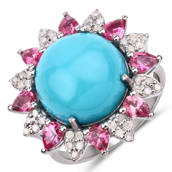 10.03 Carat Genuine Pink Tourmaline, Turquoise and White Diamond .925 Sterling Silver Ring