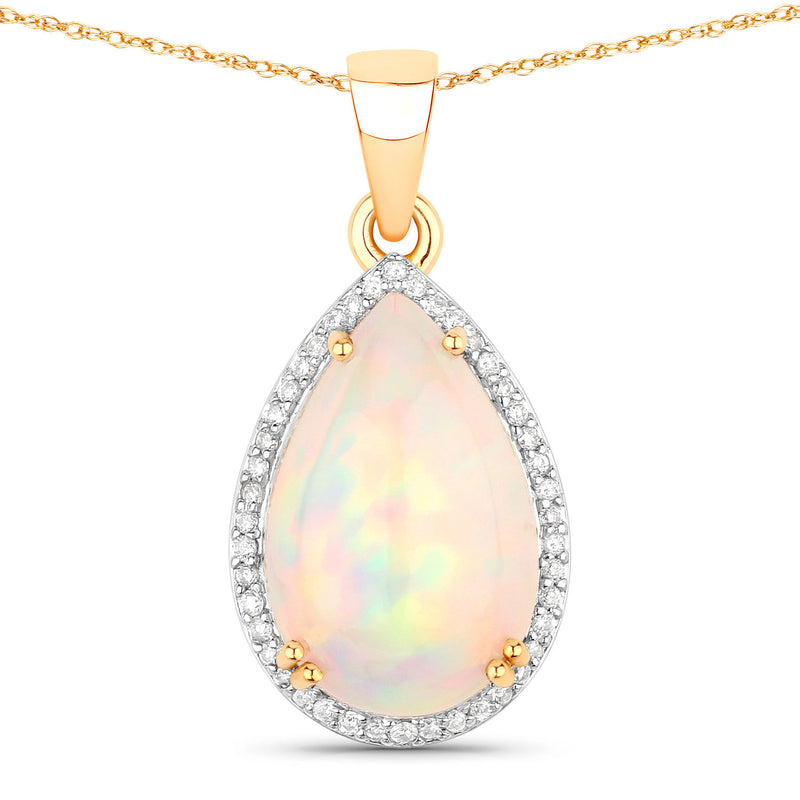 3.39 Carat Genuine Ethiopian Opal and White Diamond 14K Yellow Gold Pendant