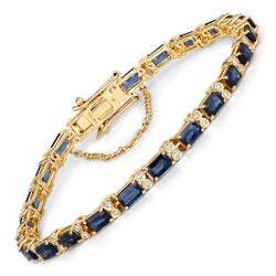 9.57 Carat Genuine Blue Sapphire and White Diamond 14K Yellow Gold Bracelet