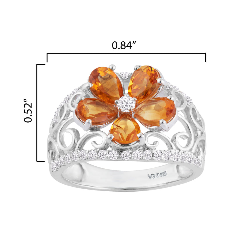 Sterling Silver Pear Shape Citrine & White Zircon Flower Ring