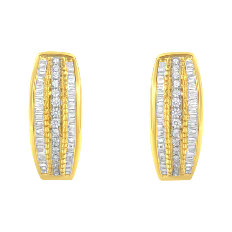 10K Yellow Gold 3/4 Cttw Pave and Channel Set Diamond Triple Row Modern Hoop Earrings (I-J Color, I2-I3 Clarity)