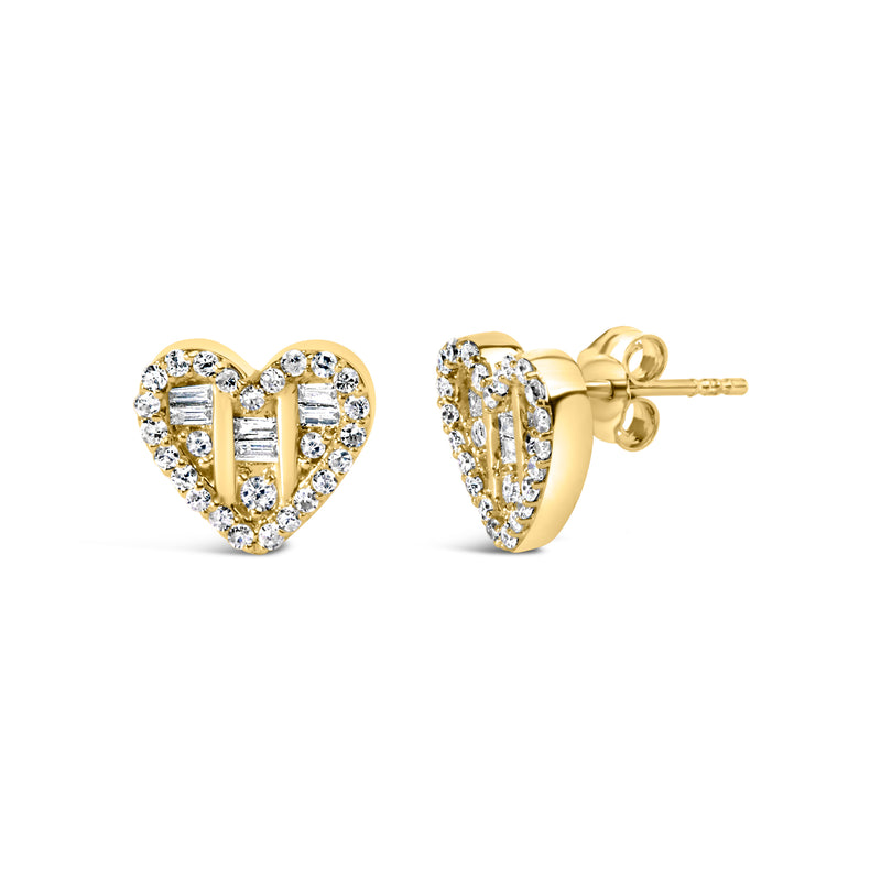 14K Yellow Gold Plated .925 Sterling Silver 1/2 Cttw Round and Baguette Diamond Composite Heart Shaped Stud Earring (I-J Color, SI2-I1 Clarity)