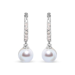 10K White Gold 6x6 MM Cultured Freshwater Pearl and Diamond Accent Drop Huggy Earring (H-I Color, I1-I2 Clarity)