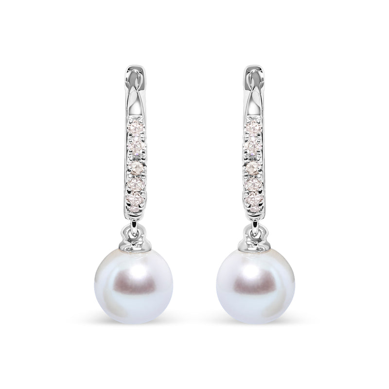 10K White Gold 6x6 MM Cultured Freshwater Pearl and Diamond Accent Drop Huggy Earring (H-I Color, I1-I2 Clarity)