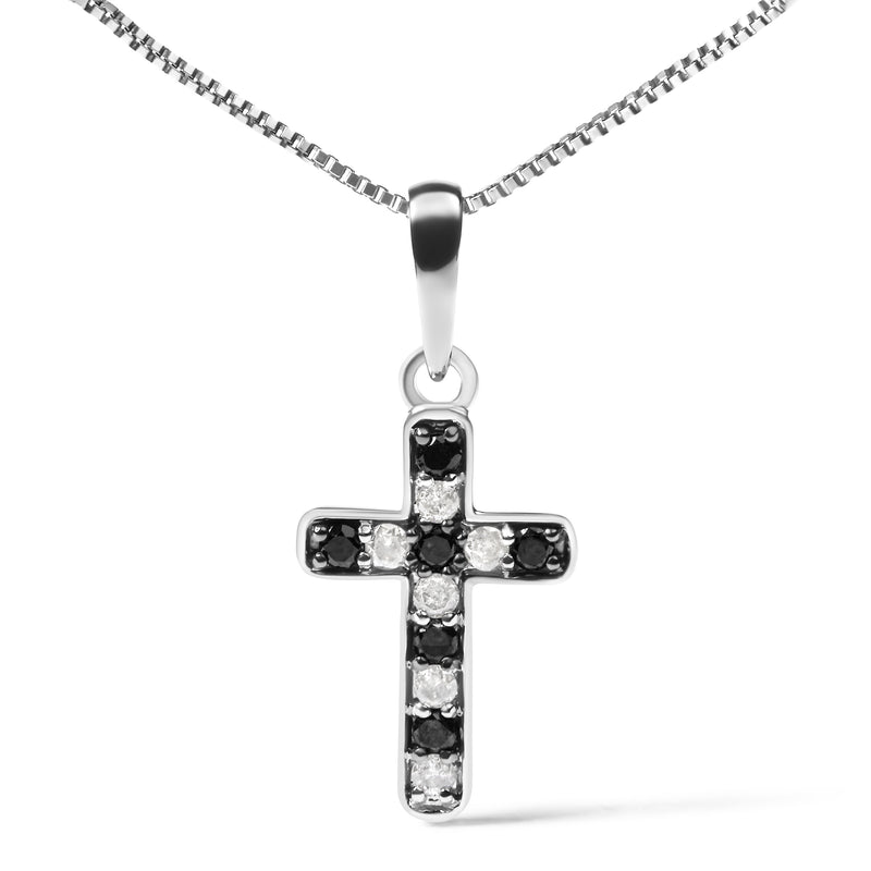 .925 Sterling Silver 1/4 Cttw Round Natural Treated Black and White Diamond Cross Pendant Necklace (Black and I-J Color, I3 Clarity)