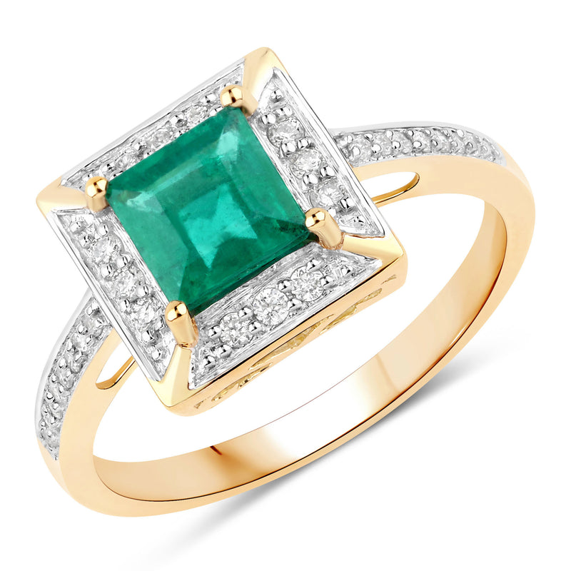 1.19 Carat Genuine Zambian Emerald and White Diamond 14K Yellow Gold Ring