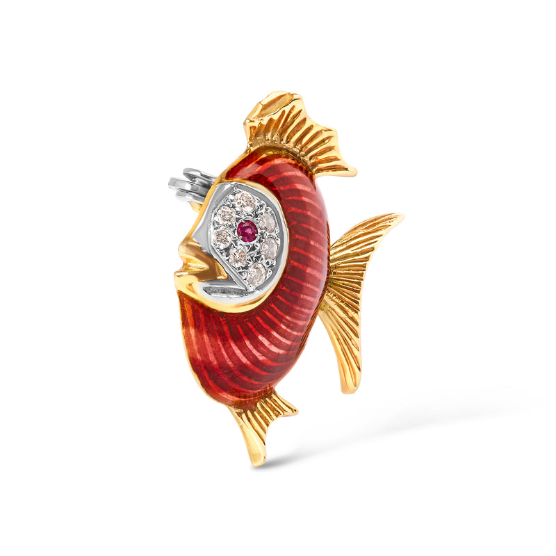 18K Yellow Gold Diamond and Pink Sapphire Parrot Fish Red Enamel Brooches Pins (H-I Color, VS2-SI1 Clarity)