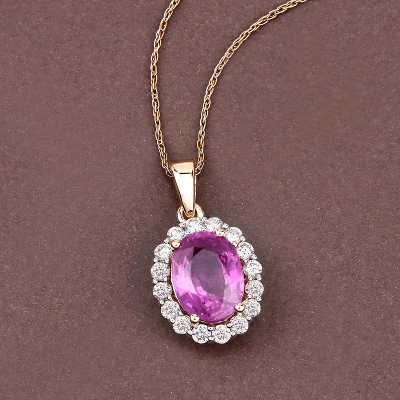 3.71 Carat Genuine Pink Sapphire and White Diamond 14K Yellow Gold Pendant