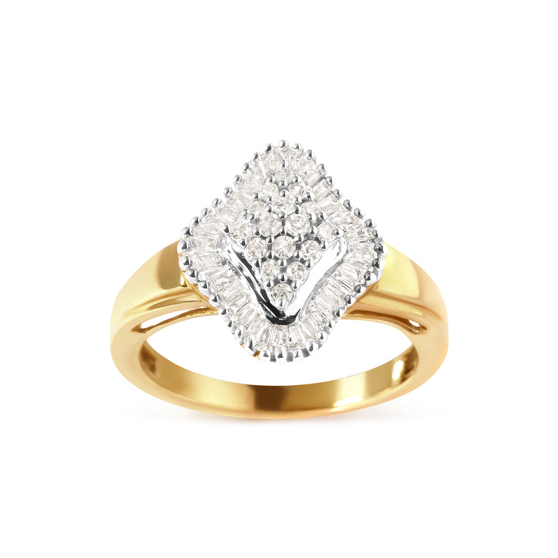 10K Yellow Gold 1/2 Cttw Round And Baguette-cut Diamond Rhombus Head and Halo Ring (I-J Color, I1-I2 Clarity) - Ring Size 7