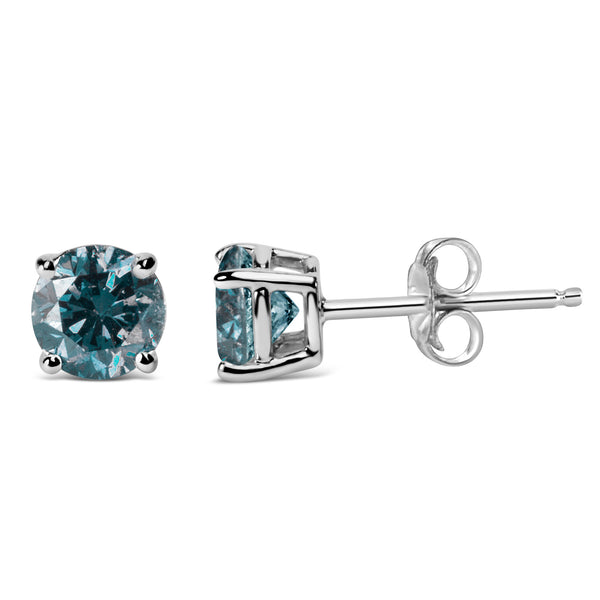 14K White Gold 1/2 Cttw Round Brilliant Cut Lab Grown Blue Diamond 4-Prong Classic Solitaire Stud Earrings (Blue Color, VVS2-VS1 Clarity)