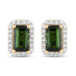 0.76 Carat Genuine Green Tourmaline and White Diamond 14K Yellow Gold Earrings