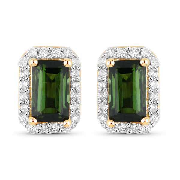 0.76 Carat Genuine Green Tourmaline and White Diamond 14K Yellow Gold Earrings