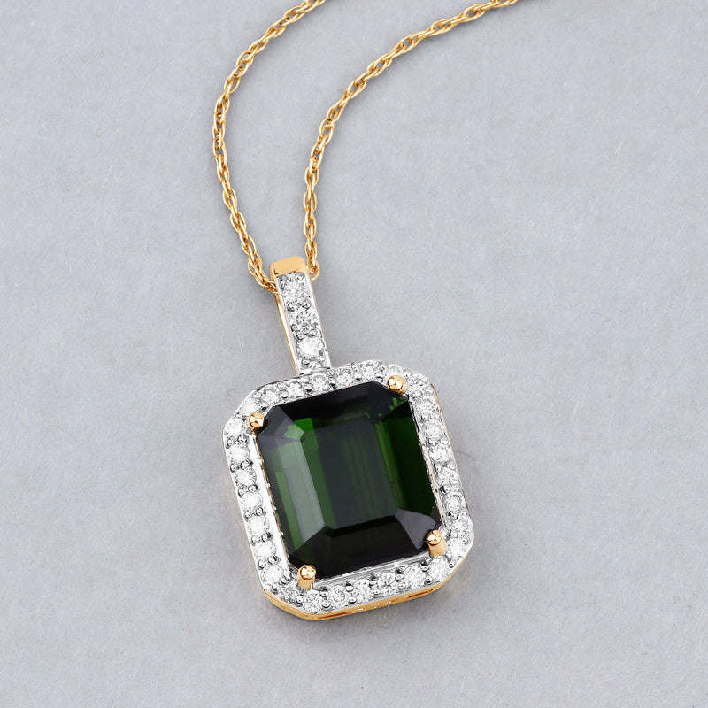 4.36 Carat Genuine Green Tourmaline and White Diamond 14K Yellow Gold Pendant