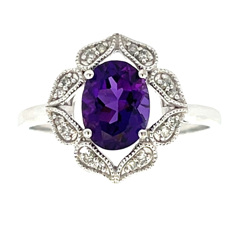 Genuine 1.43ct Amethyst Diamond Ring 14KT White Gold