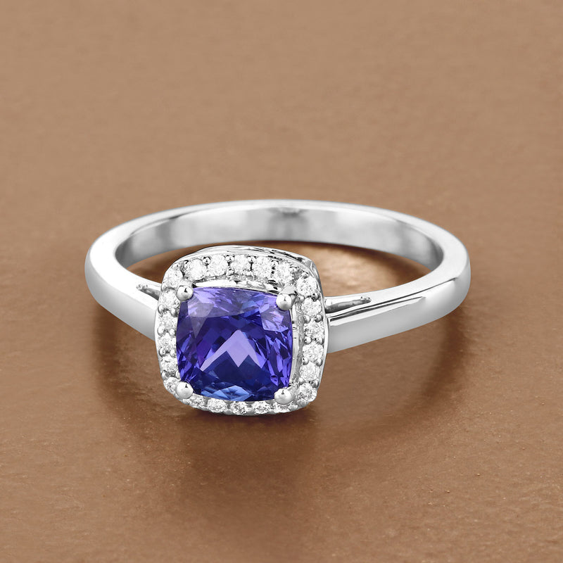 1.48 Carat Genuine Tanzanite and White Diamond 14K White Gold Ring