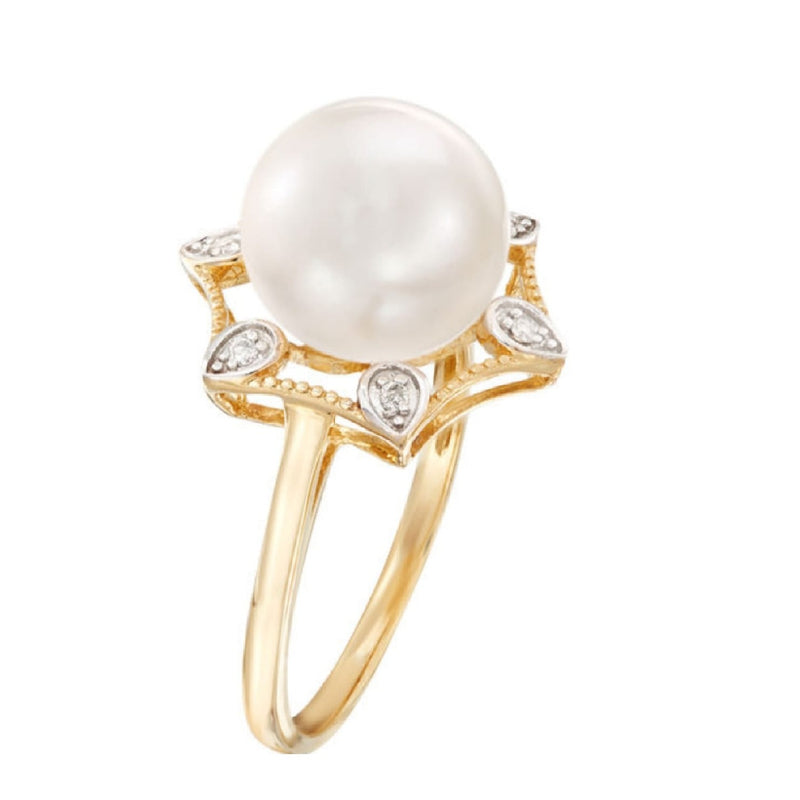 V3 Jewelry 18K Gold Plated Freshwater Pearl and White Topaz Hexagon Ring