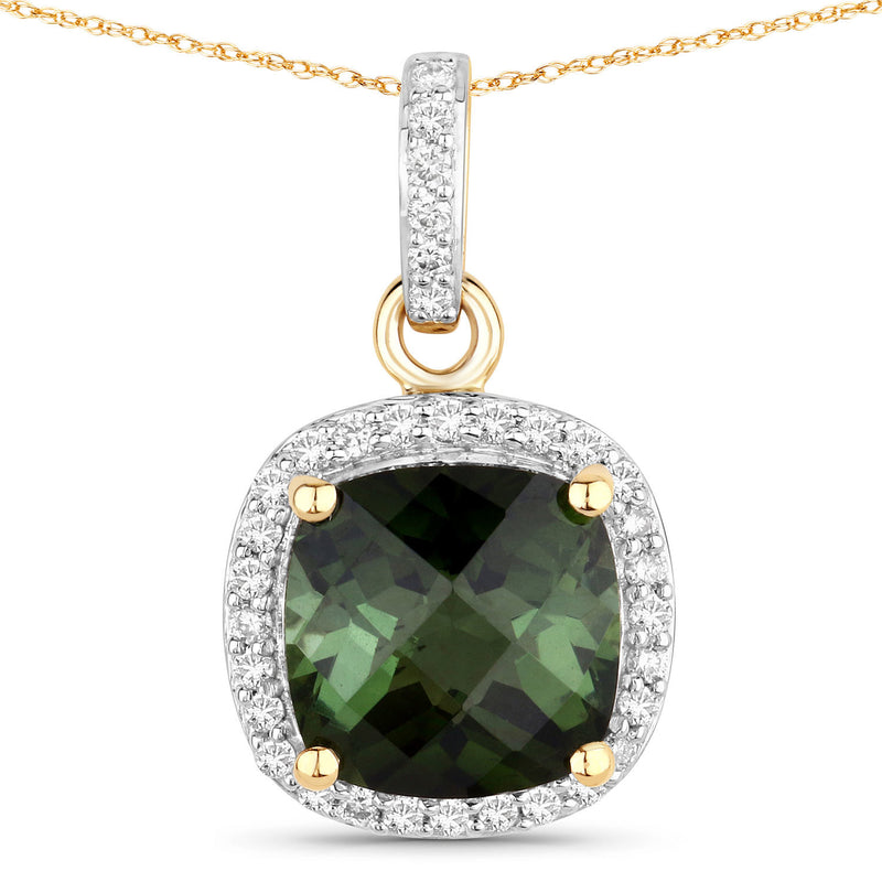 2.61 Carat Genuine Green Tourmaline and White Diamond 14K Yellow Gold Pendant