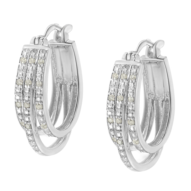.925 Sterling Silver 1/4 Cttw Diamond and Alternating Beaded Triple Hoop Earring (I-J Color, I3 Clarity)