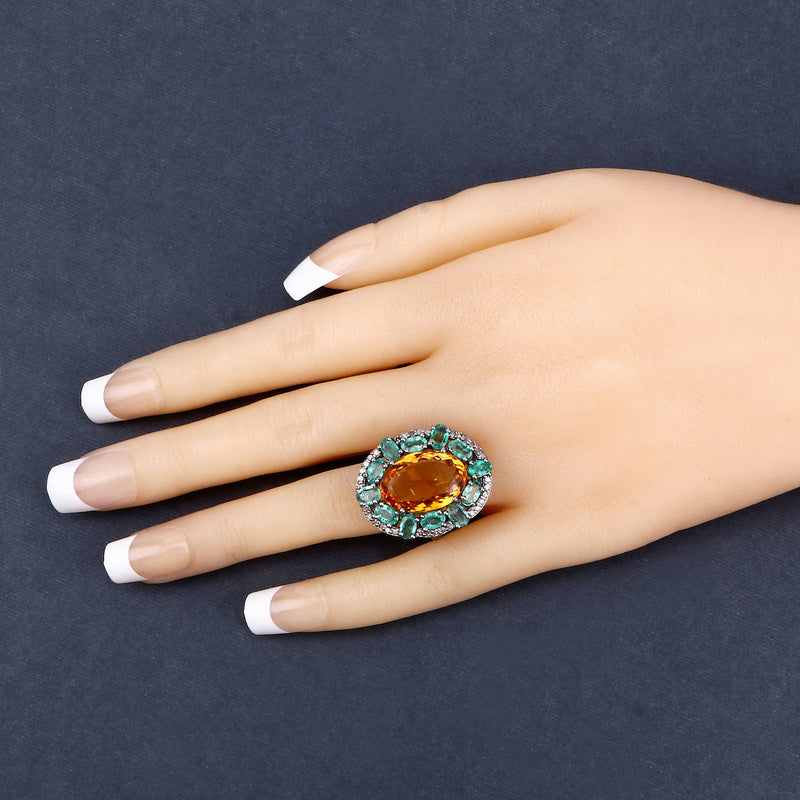 10.95 Carat Genuine Emerald, Citrine and White Diamond .925 Sterling Silver Ring