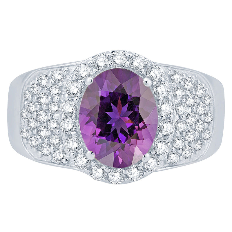 V3 Jewelry Natural Amethyst & White Topaz Sterling Silver Halo Ring