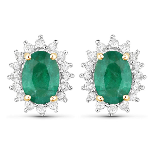 1.86 Carat Genuine Zambian Emerald and White Diamond 14K Yellow Gold Earrings