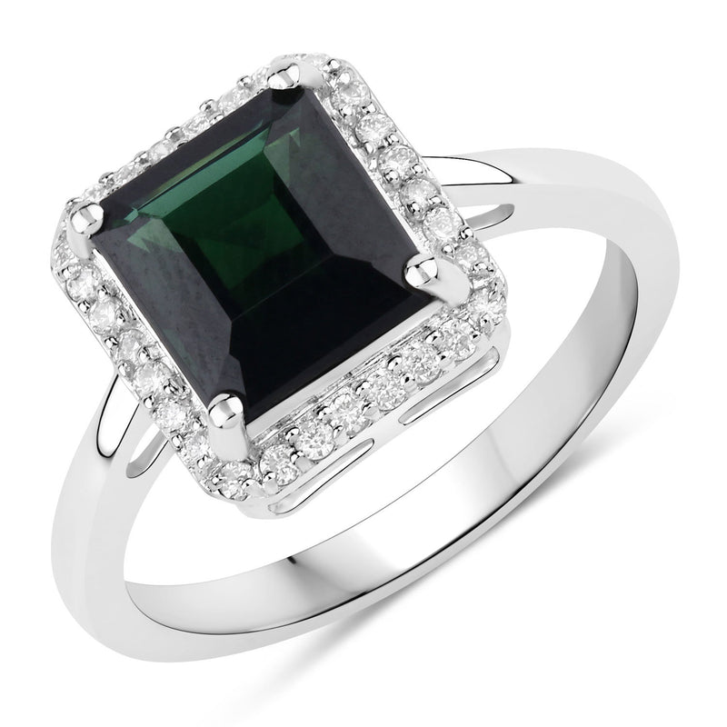 2.97 Carat Genuine Green Tourmaline and White Diamond 14K White Gold Ring