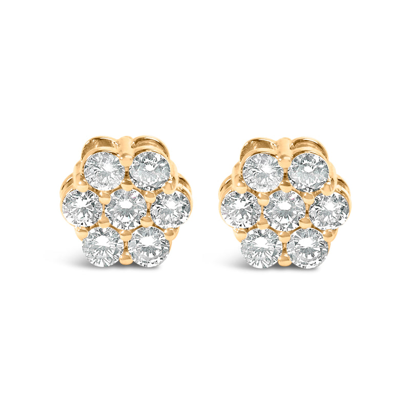 14K Yellow Gold 3/4 Cttw 7 Stone Floral Cluster Round Brilliant Cut Diamond Stud Earrings with Screw Backs (I-J Color, SI2-I1 Clarity)