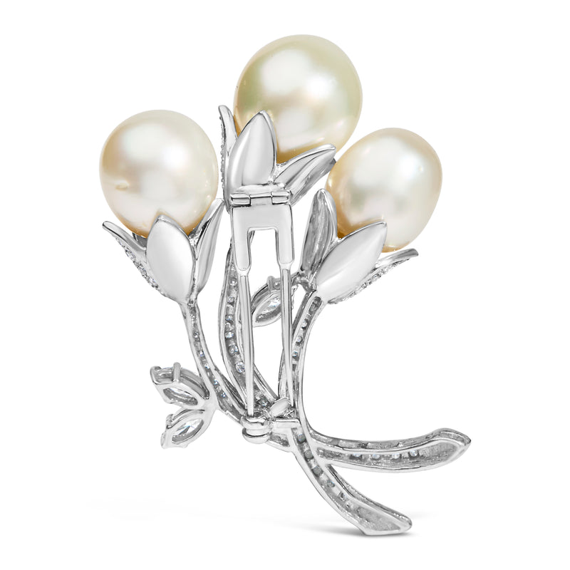 18K White Gold 2 1/5 Cttw Diamond and South Sea Pearl Floral Brooch Pin (G-H Color, VS1-VS2 Clarity)