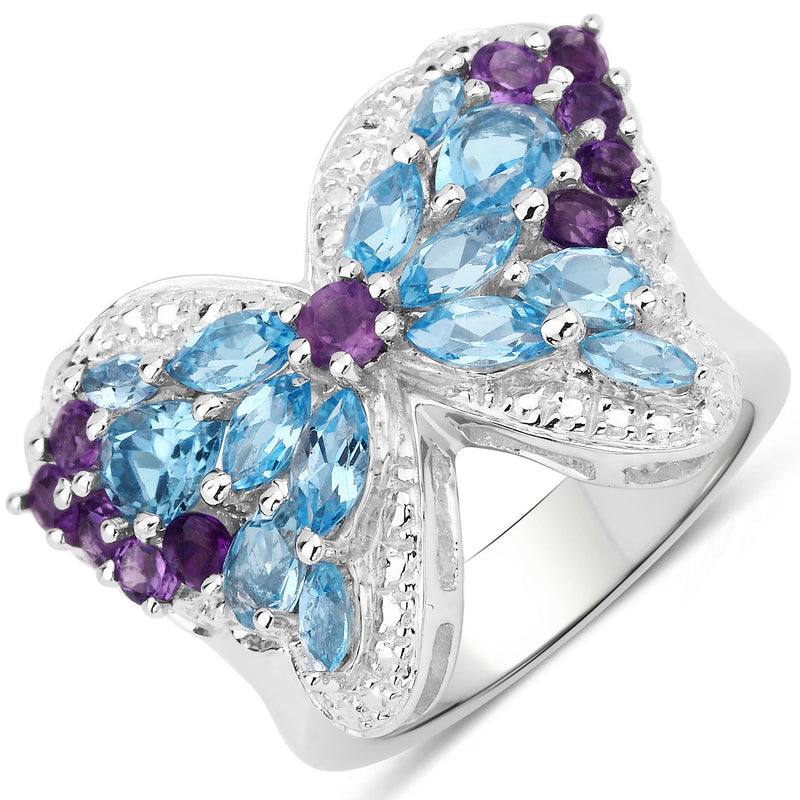 3.56 Carat Genuine Swiss Blue Topaz and Amethyst .925 Sterling Silver Ring