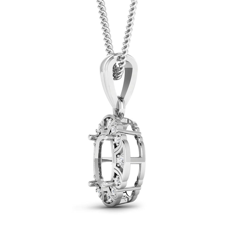 0.09 Carat Genuine White Diamond 14K White Gold Semi Mount Pendant - holds 8x8mm Cushion Gemstone