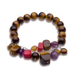 Sterling Silver Tiger Eye, Amethyst & Coral Bead Stretch Bracelet