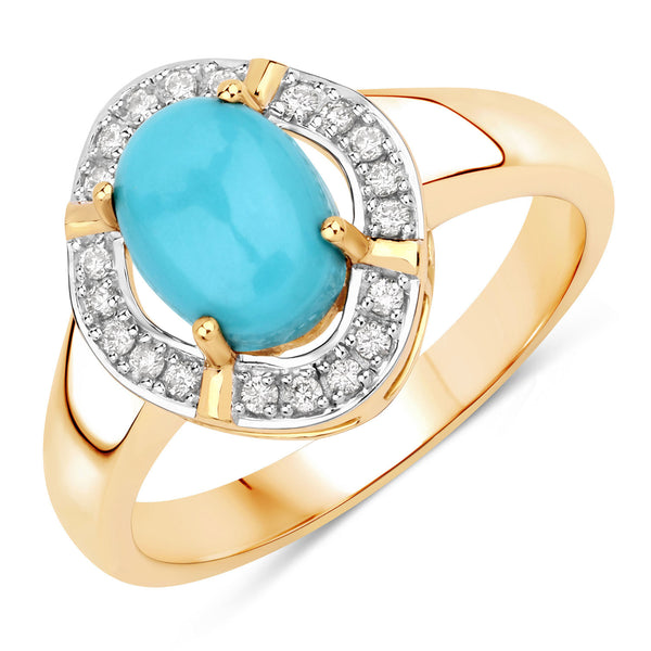 1.30 Carat Genuine Turquoise and White Diamond 14K Yellow Gold Ring